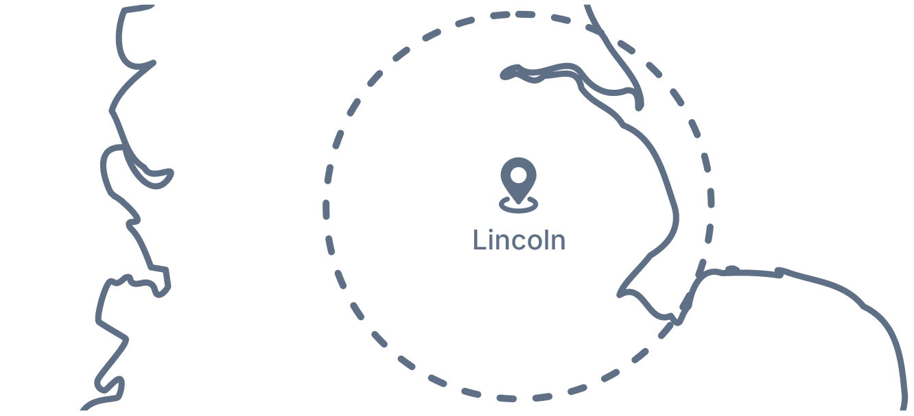 Cropped map of the UK showing a 40 mile radius of Lincoln